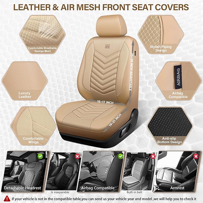 CAR PASS 3D Foam Mesh Leather Car Seat Covers Front Seats, Tan Breathable Front Seat Cover for Cars, Comfortable Universal Fi