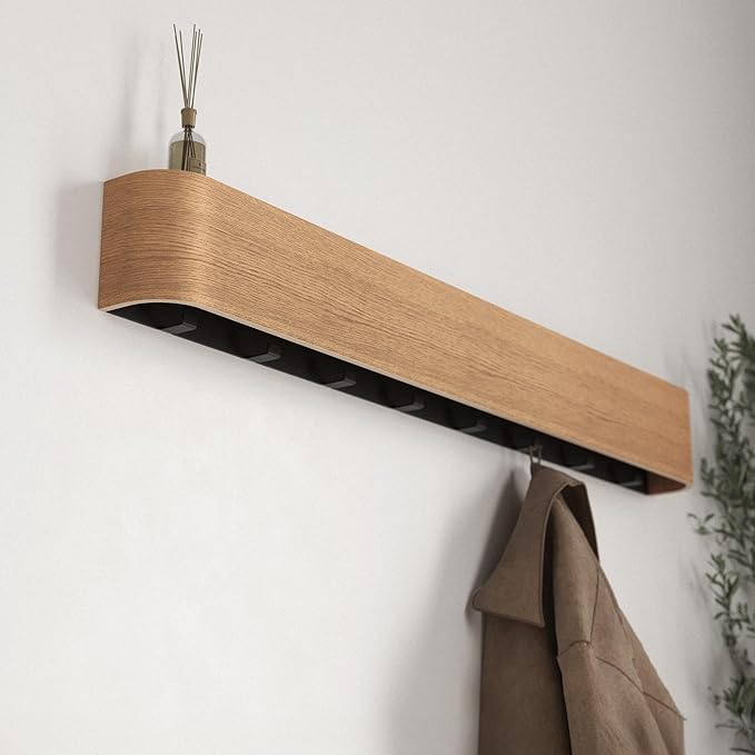 Kazai. Wall-Mounted Coat Rack 'Toke' - Modern Design Coat Rack with Hidden Wall Hooks - Solid Wood Veneer Panel Coat Hanger -