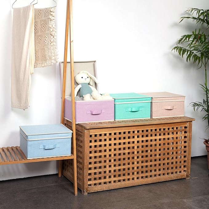 Storage Bins with Lid, Foldable Clothing Storage Box case with Handle for Closet, Bedroom, Home, 4 Color Set B, 13L x 12.5W x