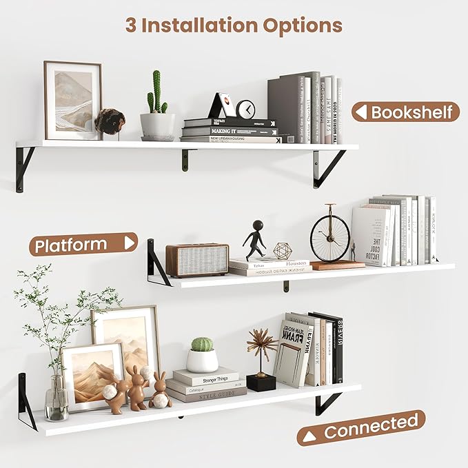 Axeman 40 Inch Floating Shelves | 8 Inch Deep White Wall Shelves Set of 2 | 39.4" W x 8" D Rustic White Wood Shelves for Bath