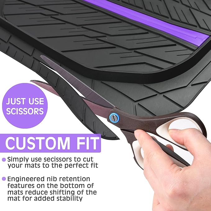 CAR PASS Tire Tread DeepDish Rubber Floor Mats for car Heavy Duty car mats All Weather, Universal XL~M Trim to Fit for Truck SUV Vehicle Automotive, Waterproof car mats 3 Piece (Purple Black)