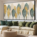 Contemporary Framed Wall Art Green and Gold Wall Decor Leaves Wall Prints Line Wall Posters 29"x58" Living Room Decorations K