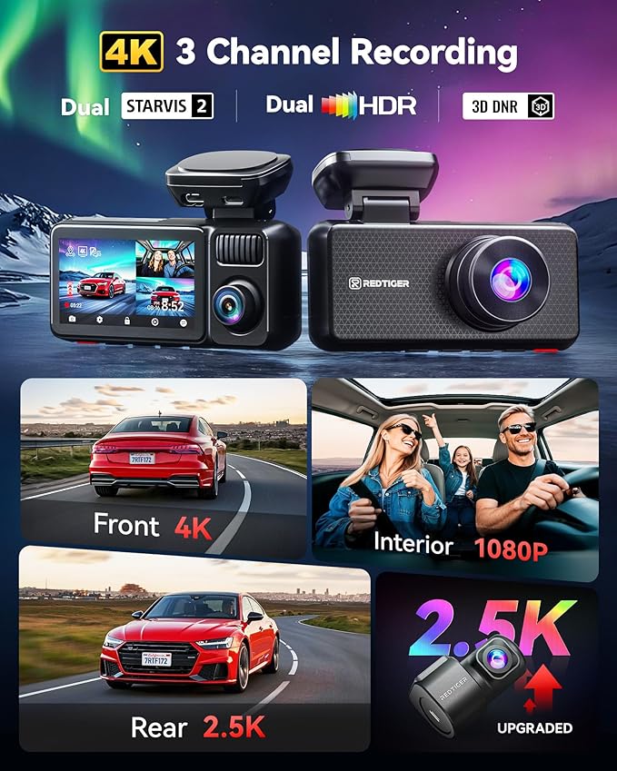 REDTIGER F17 Elite 4K Dash Cam 3 Channel, STARVIS 2 IMX678 & IMX675, 128GB Card, Full Night Color, 4K+2.5K+1080P Front and Re
