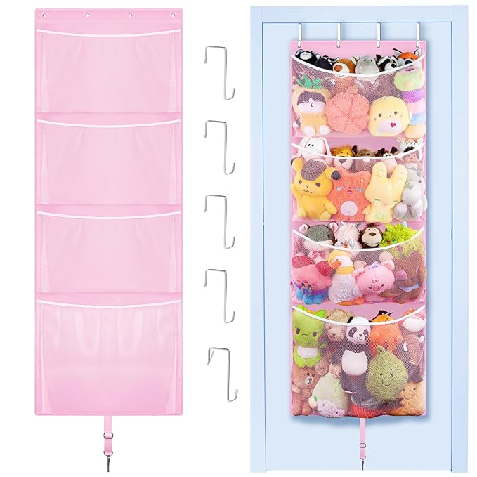 Woodoulogy Hanging Stuffed Animal Storage, Over Door Large Plush Toy Organizer with Metal Hook, Baby Accessory Holder Idea fo