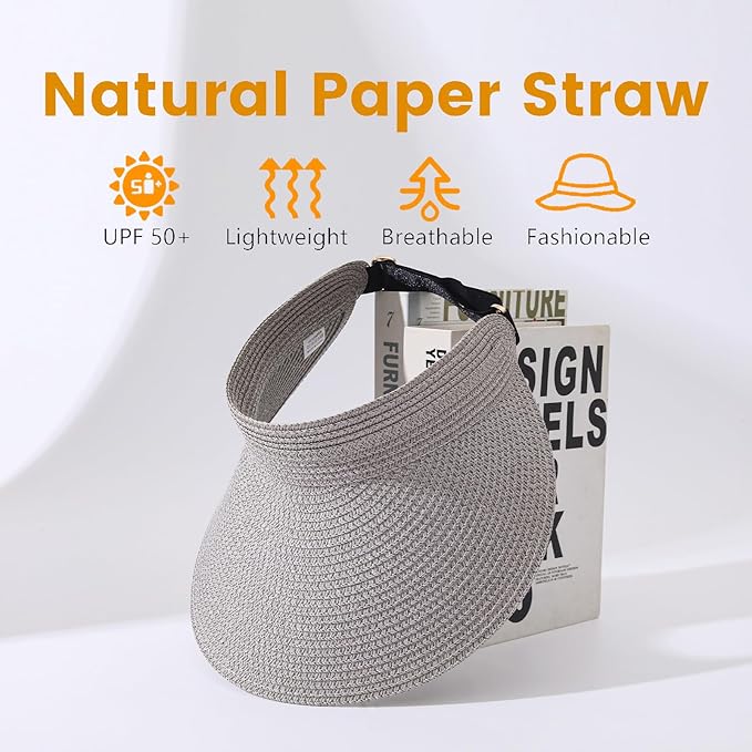 Sun Visor Hat for Women, Wide Brim Straw Summer UV Protection Hat, Foldable Roll-up Packable Beach Cap