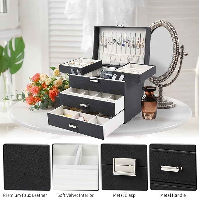 Dajasan Jewelry Organizer Box, Large Jewelry Boxes for Women Girls, Space-Saving 4 Layers Jewelry Storage Case with Drawer, M