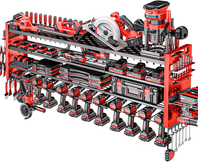 49.8" W Large Power Tool Organizer Wall Mount, Heavy Duty Tool Organizer with 14 cordless Drill Holder, 4 Layers Garage Organ