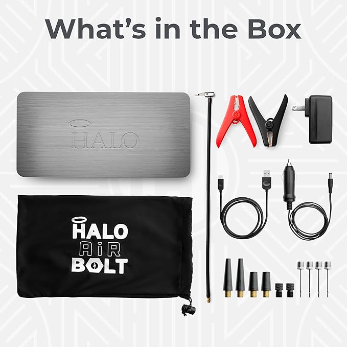HALO Bolt Air 58830 Portable Car Battery Jump Starter | 100 PSI Air Compressor, 58.8Wh USB Power Bank, Emergency Floodlight
