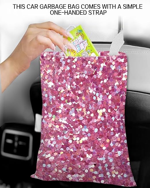 Car Trash Can, Durable Hanging Car Trash Garbage Bag, Cute Automotive Garbage Cans Organizer, Cute Pink Glitter Pattern