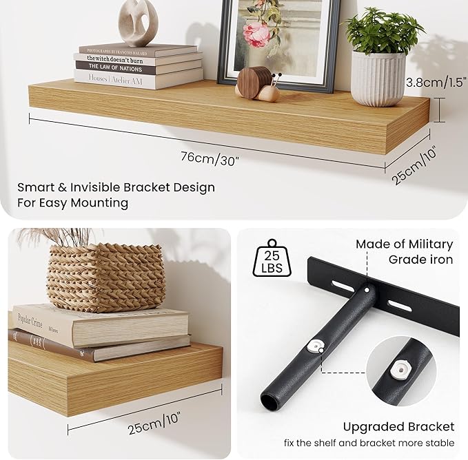 Fun Memories Floating Shelves for Wall, 30 Inch Long Floating Shelves Set of 2, 30 x 10 Wooden Shelves for Wall, Large Storag