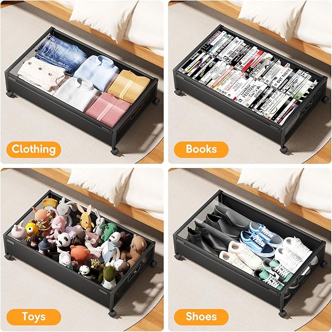 Under Bed Storage with Wheels，4 Pack Under Bed Storage Containers,Underbed Shoe Storage Bedroom Large Capacity Under Bed Stor