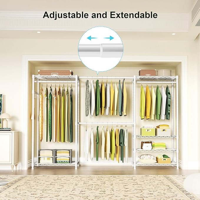Ulif E1 Heavy Duty Closet Garment Rack, 6 Tiers Adjustable Metal Freestanding Expandable Clothing Storage with 4 Hanger Rods,