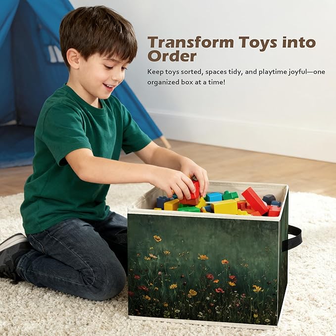 Dark Green Wildflower Storage Box Bins, Dark Cottagecore Floral Botanical Collapsible Storage Basket Organizer for Bedroom La