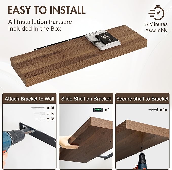 40 Inch Floating Shelves, 12" Deep Floating Shelf Wall Mounted, 40" Wall Shelves, Rustic Deep Bookshelf, Extra Deeper & Thick