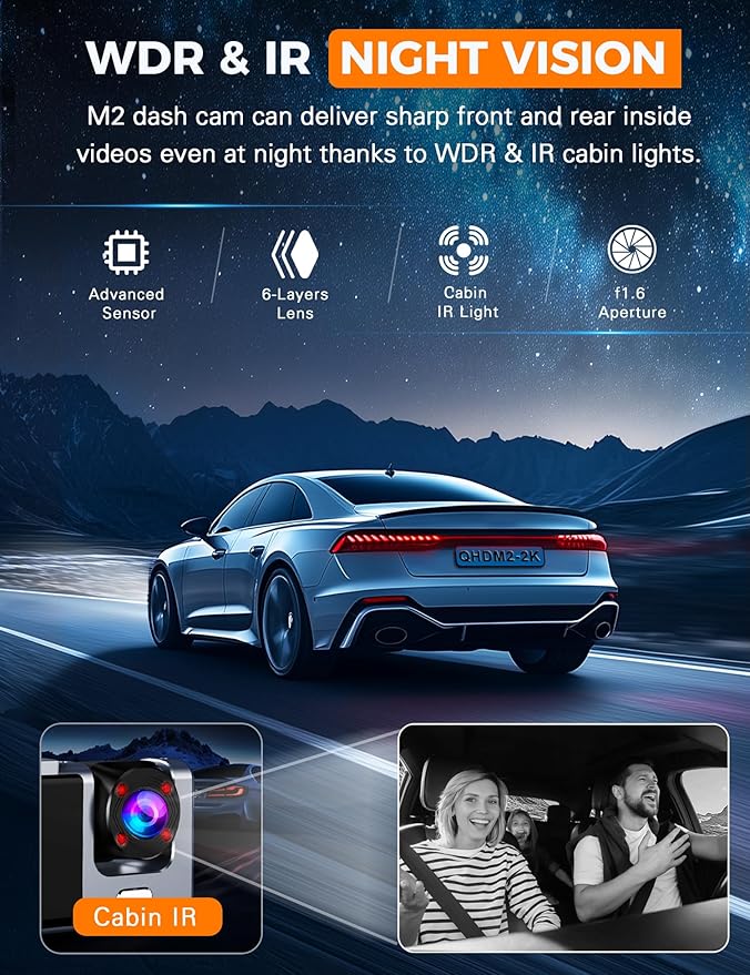 3 Channel WiFi Dash Cam Front and Rear Inside with 64GB SD Card, 2.5K+1080P+1080P Car Dash Camera for Cars Front and Rear, Da