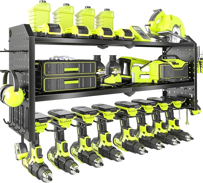 KAFAHOM Power Tool Organizer，Large 8 Drill Holder Wall Mount ，Heavy Duty Metal Tool Shelf with 12 Hooks，Storage Rack for Gara