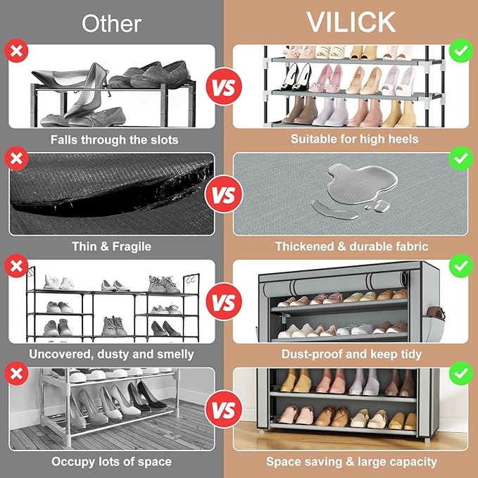 VILICK Shoe Rack with Cover Narrow Shoe Organizer with Pockets 10 Tier Tall Shoe Storage Holds 36-41 Pairs Shoes and Boots Sh