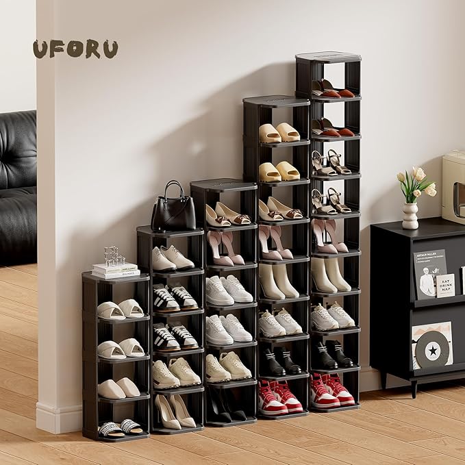 Small Shoe Rack, 7 Tier Plastic Vertical Shoe Rack for Small and Narrow Spaces, Free Standing Shoe Organizer for Closet, Entr