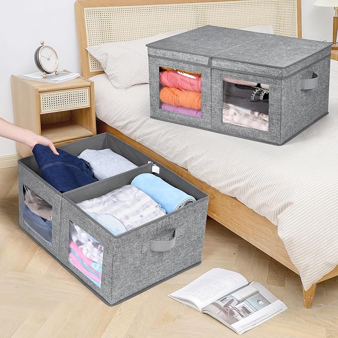 Univivi Large Foldable Fabric Storage Bins with lids [2-Pack] Collapsible Closet Storage Box for Clothes, Closet Organizer wi