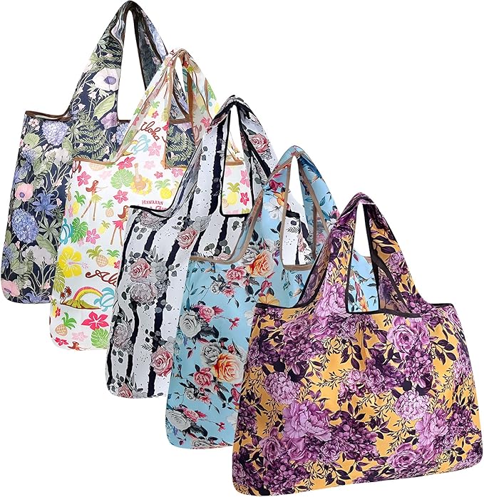 allydrew Large Foldable Tote Nylon Reusable Grocery Bags, 5 Pack