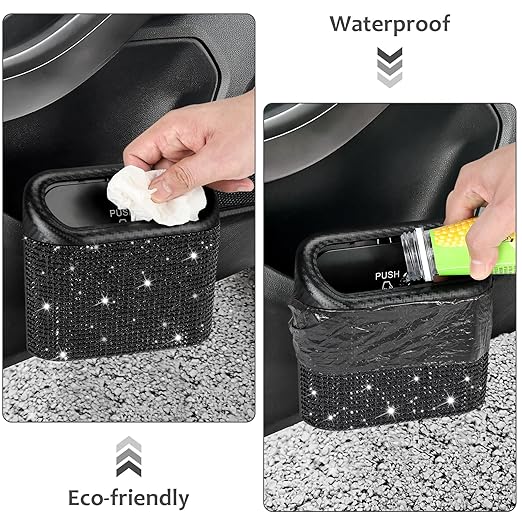 Accmor Bling Car Trash Can with Lid, Mini Vehicle Trash Bin, Car Dustbin Garbage Organizer with 60 Trash Bag, Leakproof Auto Storage Bag Container for Car, Home, Office (Carbon Fiber&Black Rhinestone)