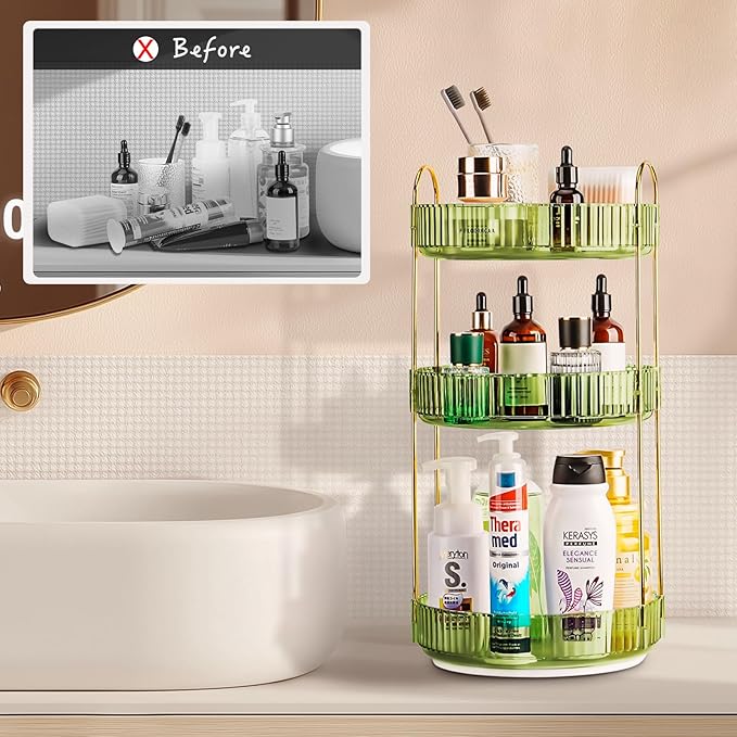 360 Rotating Makeup Organizer - Large Capacity Spinning Perfume & Cosmetic Skincare Holder for Vanity & Countertop (Gem Green