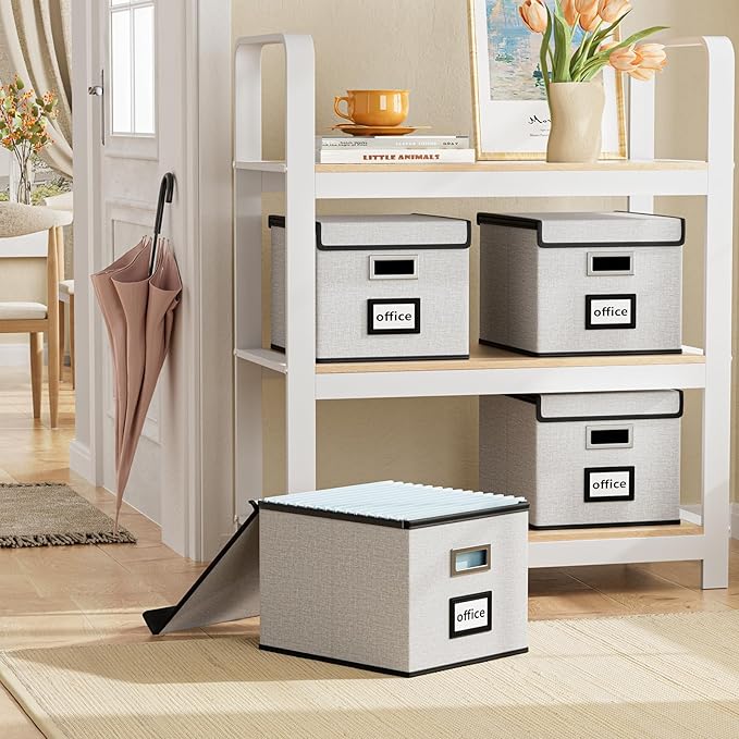 Huolewa File Organizer Box with Lid, Collapsible File Folder Organizer for Office Document Storage, Filing Box with Plastic S