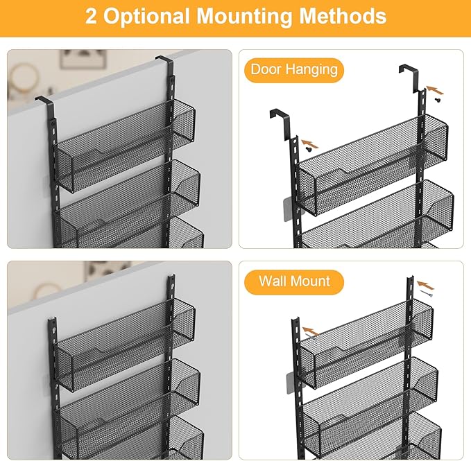 VyGrow Over the Door Storage Organizer with 3 Tier Mesh Baskets 2 Hanging Rods, 2 Mounting Options, Heavy Duty Clothes Hanger