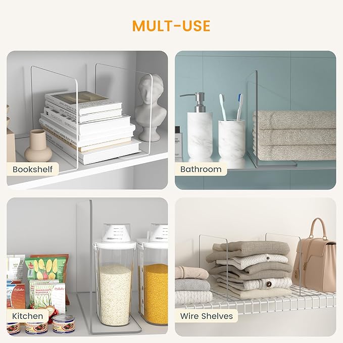 OKPOW Shelf Dividers for Closet Organization: 8 Pack Durable Clear Acrylic Divider Organizer for Shelves - Vertical Adjustabl