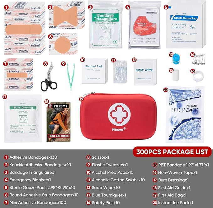 PTEROMY 300 Piece First Aid Kit, Portable Small Emergency Kits Compact 1st Aid Kit with Hard Storage Case for Car, Travel, Ho