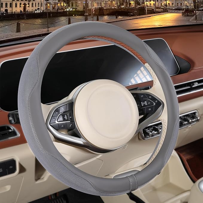 14 inch Steering Wheel Cover for Prius Civic, Nappa Microfiber Leather Non-Slip Breathable Fabric, Warm in Winter and Cool in
