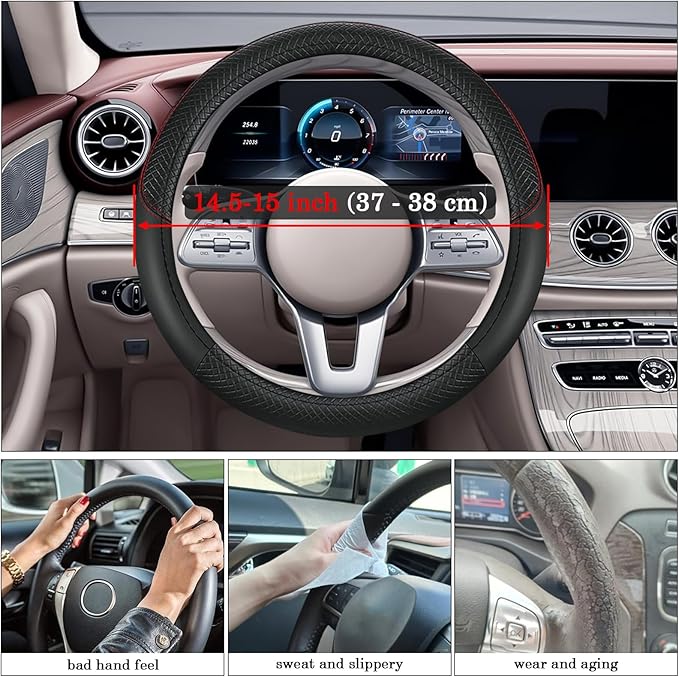 Black Car Steering Wheel Cover, Microfiber, Leather Patchwork, Universal 14.5-15 Inch Leather Anti-Slip Breathable Auto Steer