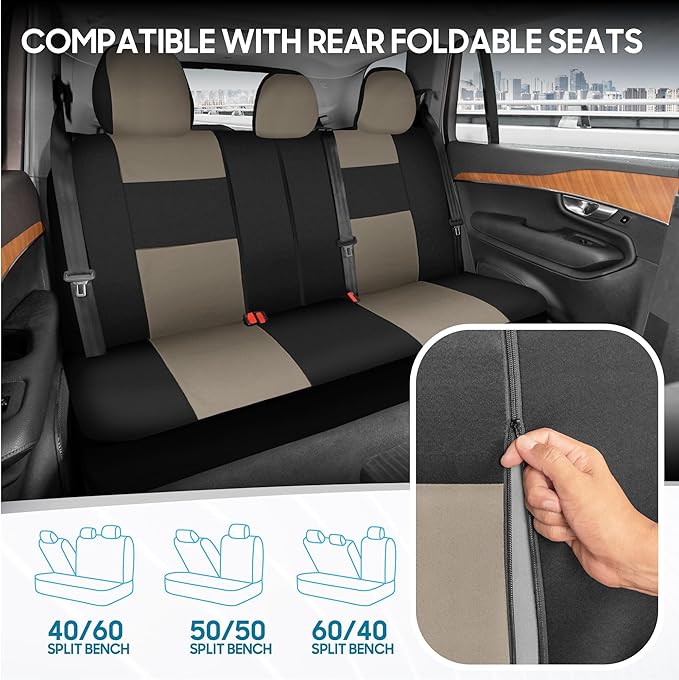 BDK PolyPro Car Seat Covers Full Set in Light Beige on Black, Front and Rear Split Bench Seat Covers for Cars, Easy to Instal