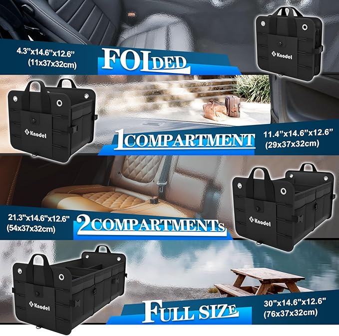 K KNODEL Car Trunk Organizer, Foldable Cover, Heavy Duty Collapsible Truck Storage Organizer, Car Cargo Trunk Organizer with Li
