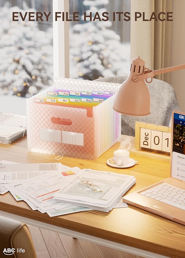 ABC life 12 Pockets Accordion File Organizer Expanding File Folders, Portable Monthly Bill Receipt Document Organiser, Expand