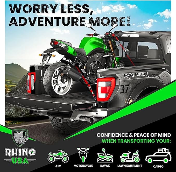 Rhino USA Retractable Ratchet Straps (2-Pack) - 1 Inch x 10 Feet (1,209lb Break Strength) - Auto Self Retracting Tie Down Straps for Truck, Cargo Trailer, Motorcycle, ATV, UTV - Red
