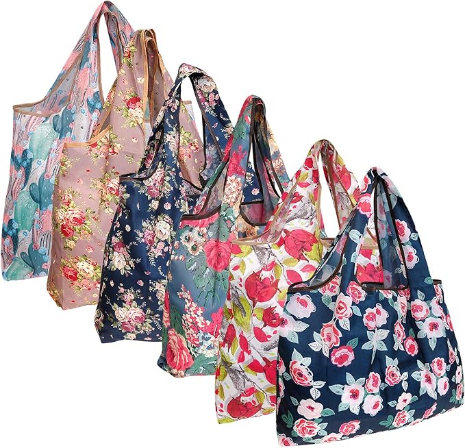 allydrew Large Foldable Tote Nylon Reusable Grocery Bags, 6 Pack
