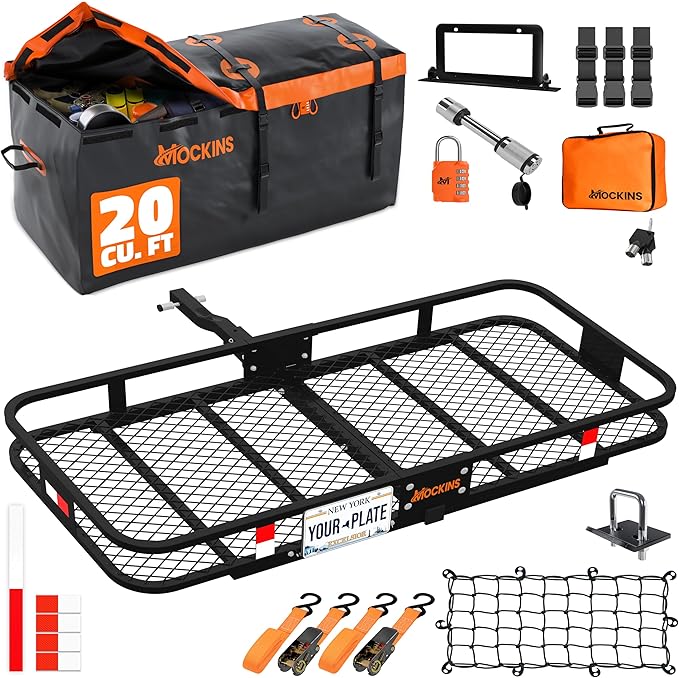 Mockins 60"x20"x6" Folding Luggage Rack for Car Hitch & 20 Cu Ft Waterproof Cargo Bag | 500 lbs Cap Steel Trailer Hitch Cargo Carrier for 2" Receivers w/License Plate Holder, Stabilizer, Net & Straps