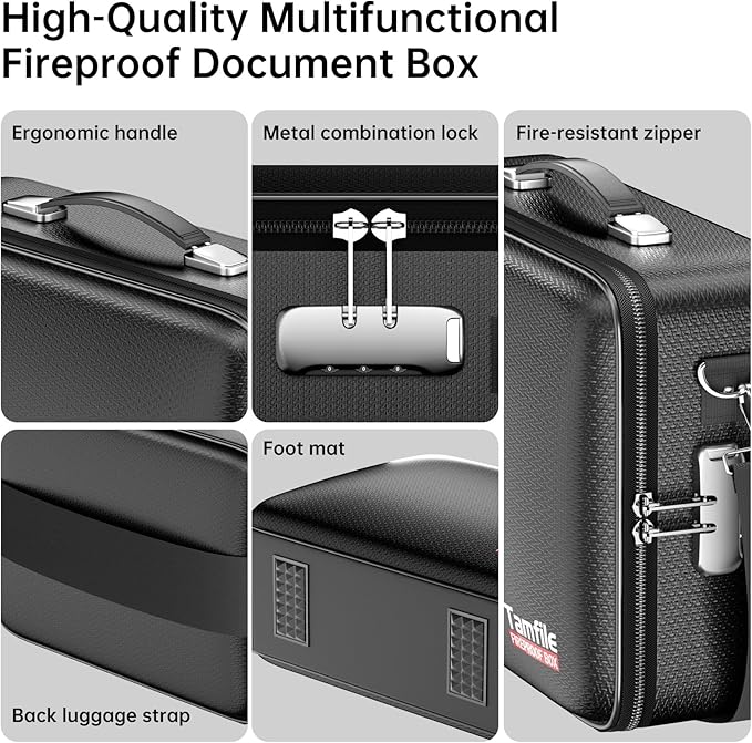 Tamfile Fireproof Document Box, Hard Case 5200°F Fireproof Water Safe File Box with Lock, 8-Layer Fireproof Safe File Organiz