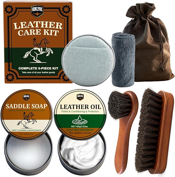 Leather Care Kit - Leather Polish, Cleaning & Conditioning Kit with 100g Saddle Soap & 100g Leather Oil, 2 Horsehair Brushes,