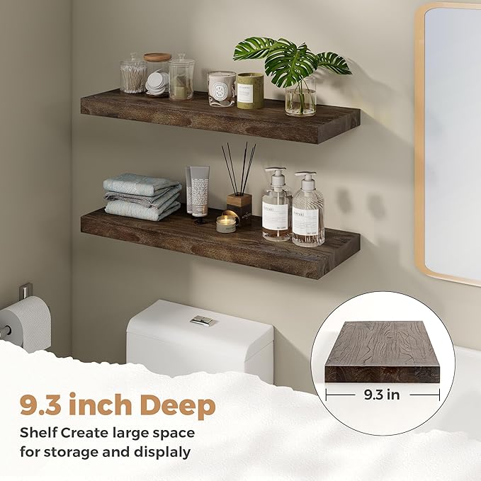 RICHFOCUS Elm Floating Shelves for Wall - 30" W x 9.3" D Rustic Solid Wood Shelves with Invisible Bracket, Wall-Mounted for L