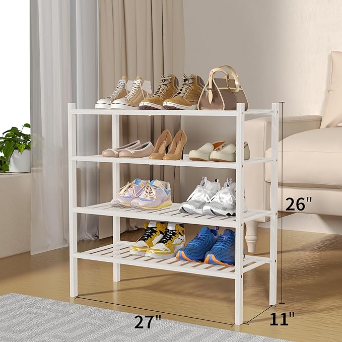 ROMGUAR CRAFT 4 Tier Bamboo Shoe Rack for Closet Free Standing Wood Shoe Shelf for Entryway Small Space Stackable 27"x11"x26"