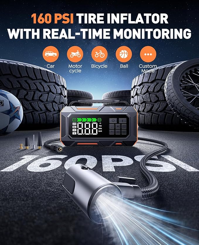 Portable Jump Starter with Air Compressor 8000A 160PSI, 16-in-1 Car Battery Jump Starter with Emergency Kit, Auto-Shutoff