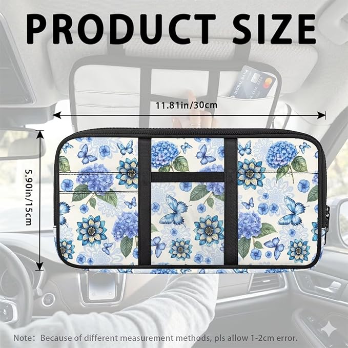 Boho Floral Car Sun Visor Organizer, Multi-Pocket Truck Visor Organizer Car Sun Storage Pocket Pouch Case Bag with Velcro Straps for Sunglasses, Cards, Pens and Document Machine Washable