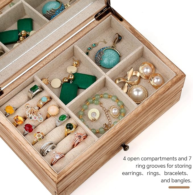 Meangood Jewelry Box Organizer for Women, 2 Layer Large Jewelry Storage Case, Rustic Wooden Jewelry Box with Mirror & Ring Tr