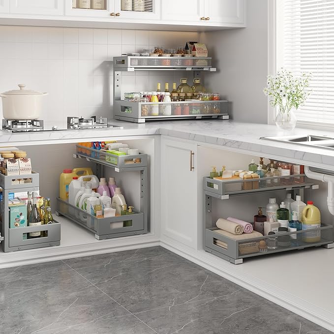 2 Pack 19IN Depth Under Sink Storage Organizer, Large 2-Tier Elegant Mesh Pull Out Shelf for Kitchen and Bathroom Cabinet Org