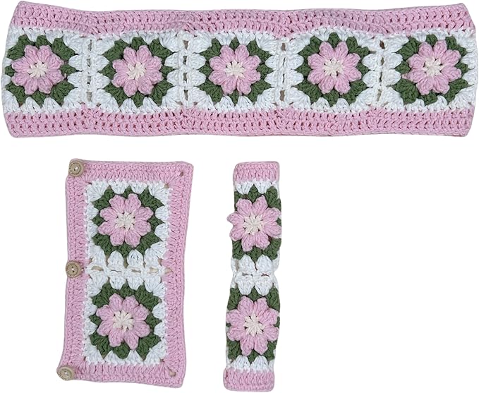 Handmade Crochet Pink and Green Cute Flower Steering Wheel Covers Universal 14-15 inch for Women and Men,New Car Gift,Handmade Gift,Gift for her