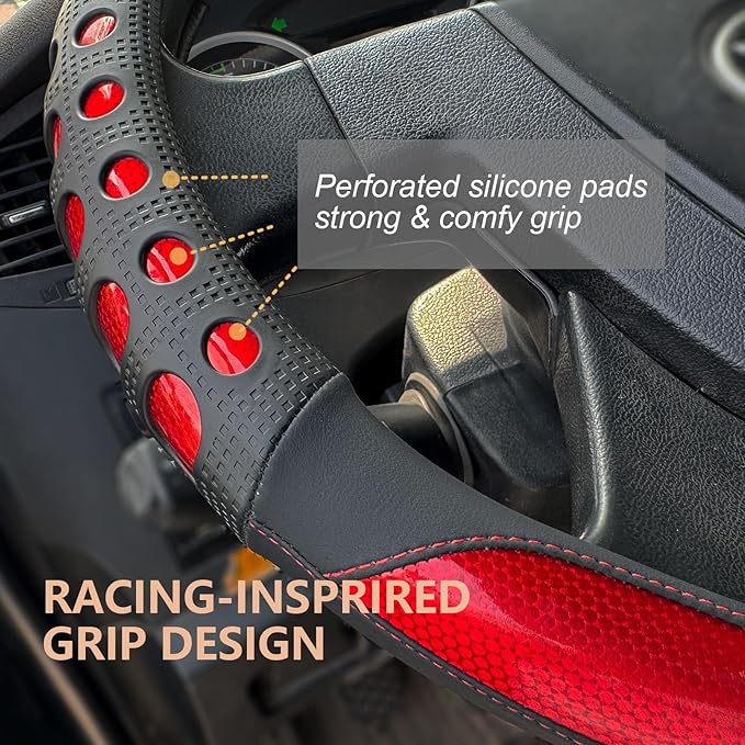 PINCTROT XL Size 17.5-18 in Race Grip Steering Wheel Cover for Semi Truck, Fits RV, Big Rig Trucker, 18 Wheeler and Classic Cars, Anti-Slip Silicone Perforated Design 17.5-18 Inch (Racing Red)