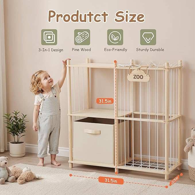 LAMU Stuffed Animal Storage and Kids Bookshelf, Wooden Toy Organizer with Large Toy Box Chest, Kids Bin Shelf Toys Box Bookca