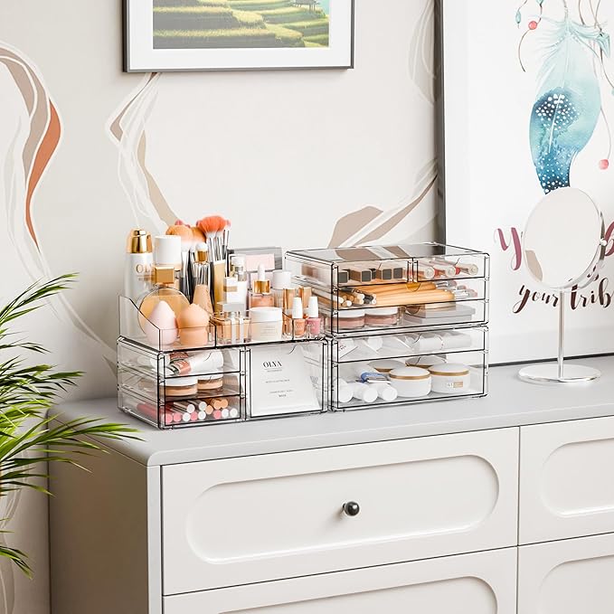 Yieach Acrylic Make up Organizers for Counter,Desk and Vanity,4 Pack Stackable Bathroom Counter Organizer with Drawers,Large 